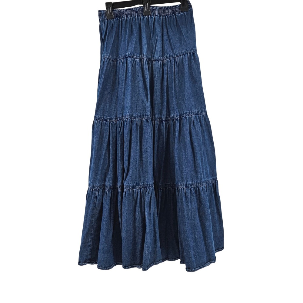 Vintage Boho Blue Denim Tiered Maxi Skirt Blazer Suit Cottage Chic Office S